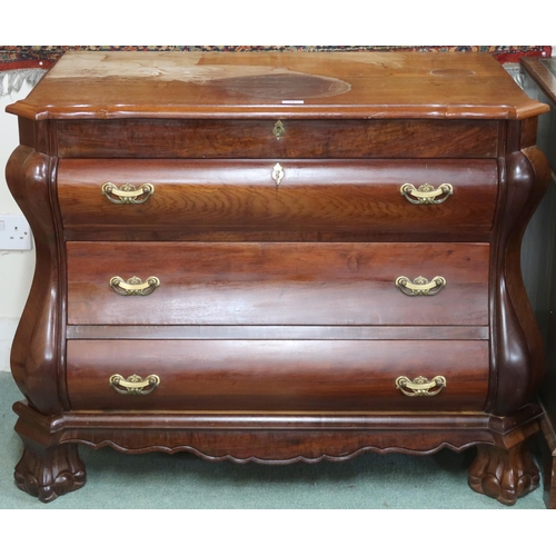 71 - A 20th century mahogany bombe chest with hinged top over three long drawers, 78cm high x 98cm wide x... 