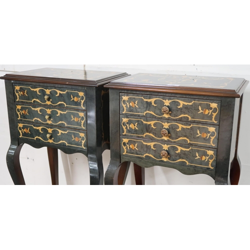 90 - A pair of 20th century continental style three drawer chests on cabriole supports terminating in bra... 