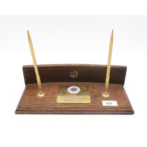 537 - Rangers F.C. - an oak desk stand with plaque affixed reading 