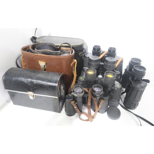 592 - Assorted binoculars and binocular cases, to include a black leather Carl Zeiss case stamped with Ger... 