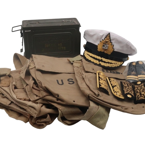 601 - A Royal Thai Navy Admiral's peaked cap and epaulettes, together an assortment of U.S. Army/Navy canv... 