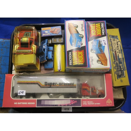 619 - Vintage toys, to include a large Marx Toys tinplate American-style Fire Chief's car; tinplate car an... 