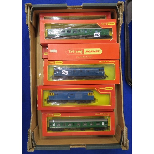 620 - Two boxed Tri-ang Hornby 00-gauge diesel locomotives and seven boxed carriages