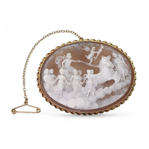 756 - A large 9ct gold mounted shell cameo brooch of the Roman Goddess Aurora. Dimensions 5.5cm x 4.2cm, w... 