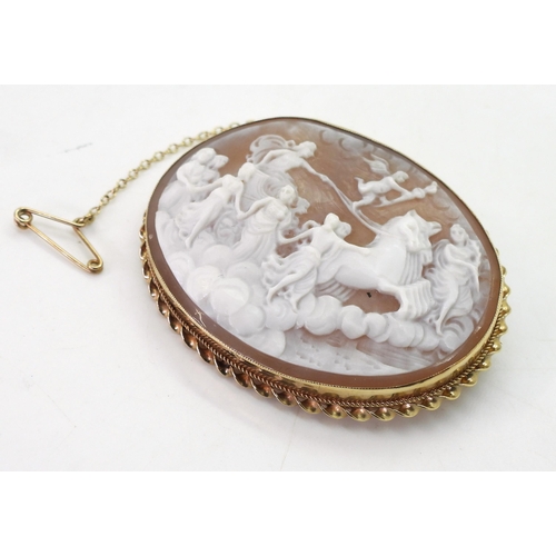 756 - A large 9ct gold mounted shell cameo brooch of the Roman Goddess Aurora. Dimensions 5.5cm x 4.2cm, w... 