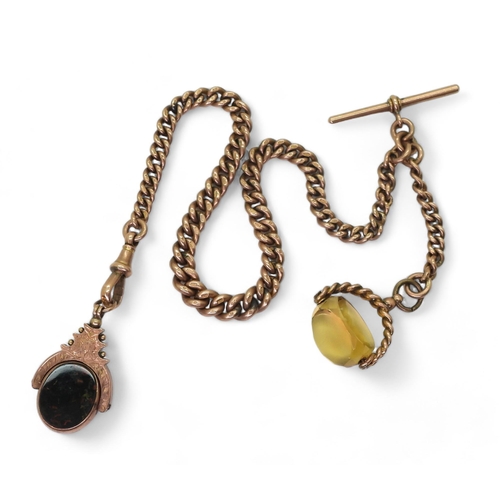 757 - A 9ct rose gold fob chain, hallmarked to every link, with an attached citrine fob, and a 9ct agate s... 