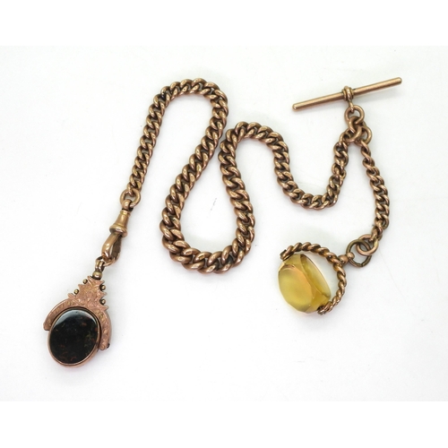 757 - A 9ct rose gold fob chain, hallmarked to every link, with an attached citrine fob, and a 9ct agate s... 