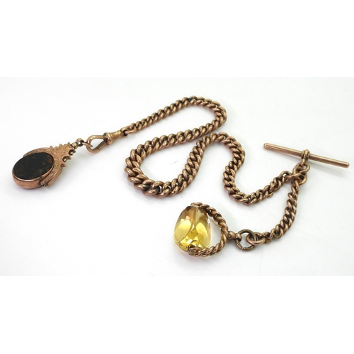 757 - A 9ct rose gold fob chain, hallmarked to every link, with an attached citrine fob, and a 9ct agate s... 