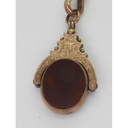 757 - A 9ct rose gold fob chain, hallmarked to every link, with an attached citrine fob, and a 9ct agate s... 