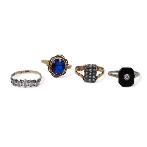 764 - A diamond and agate ring, mounted in white metal, size N1/2, two 9ct rings;- pearl O1/2, blue gem O1... 