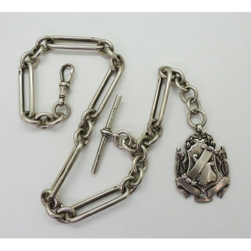 941 - A silver fancy link silver fob chain with attached medallion, length 38cm