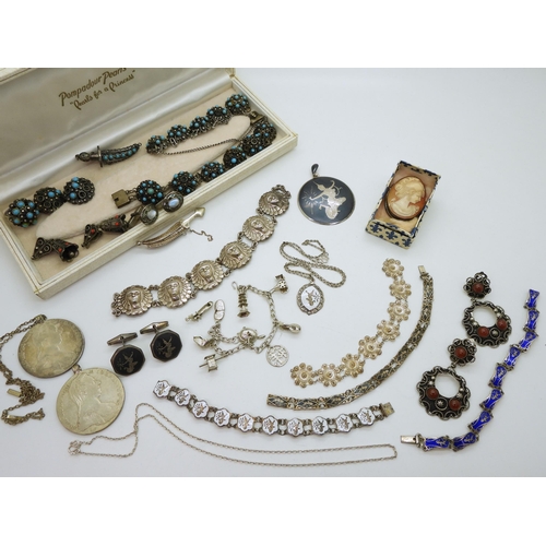 945 - A collection of silver enamel/niello Siam wear jewellery, a pair of moonstone cufflinks, a Oriental ... 