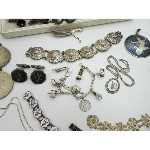 945 - A collection of silver enamel/niello Siam wear jewellery, a pair of moonstone cufflinks, a Oriental ... 