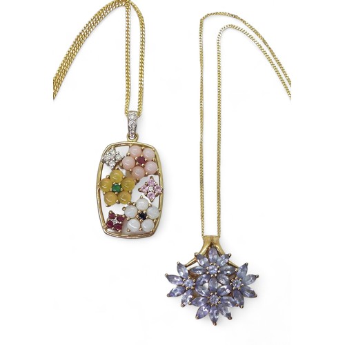 754 - Two 9ct gold gem set flower pendants; a multi gem set pendant, length with bail 3cm to include opal ... 