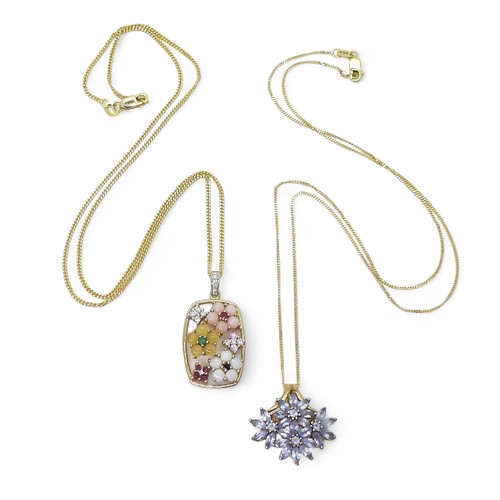 754 - Two 9ct gold gem set flower pendants; a multi gem set pendant, length with bail 3cm to include opal ... 