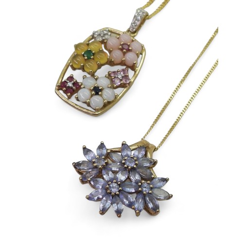 754 - Two 9ct gold gem set flower pendants; a multi gem set pendant, length with bail 3cm to include opal ... 