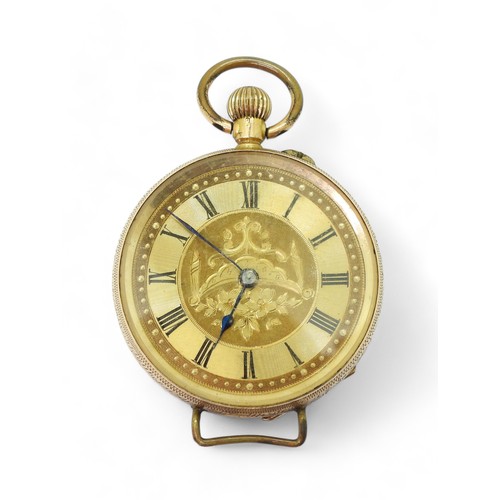 752 - A 14k gold fob watch converted for wristwear, diameter 3.5cm, weight including mechanism 34.8gms