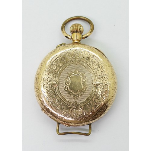 752 - A 14k gold fob watch converted for wristwear, diameter 3.5cm, weight including mechanism 34.8gms