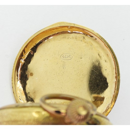 752 - A 14k gold fob watch converted for wristwear, diameter 3.5cm, weight including mechanism 34.8gms