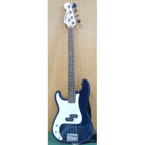 432 - WESTFIELD a left handed electric bass guitar in midnight blue and faux mother of pearl scratch plate... 