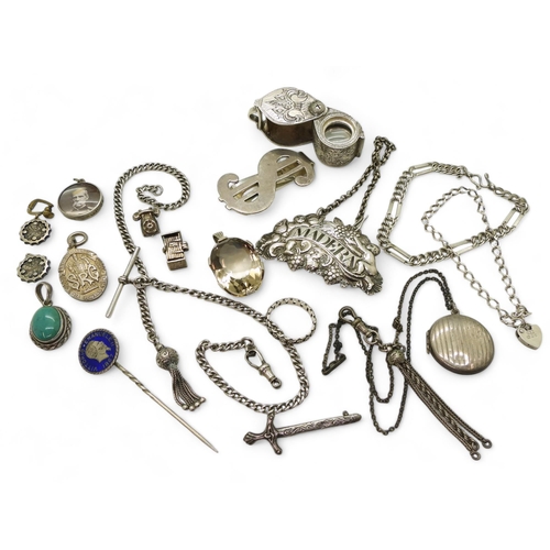 877 - A collection of silver and white metal items to include, a fancy fob chain with tassel, a white meta... 