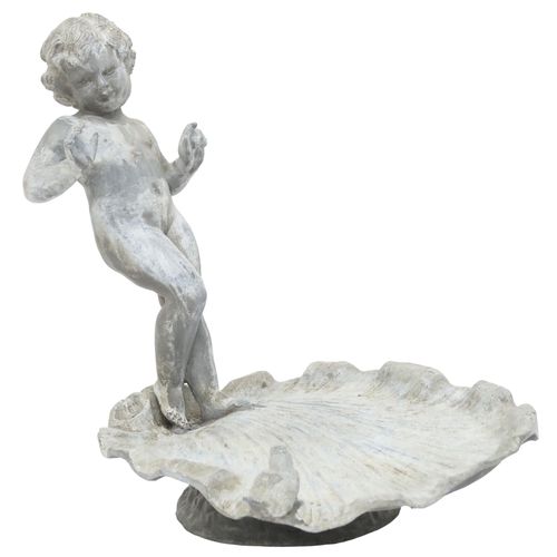 2001 - A LATE 19TH/EARLY 20TH CENTURY LEAD CHERUB BIRD BATHwith cherubim figure standing on scalloped shell... 