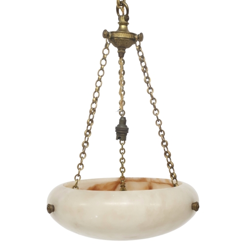 2002 - A CONTINENTAL ALABASTER PLAFFONIER with foliate decorated brass hanging fixtures, 36cm diameter... 