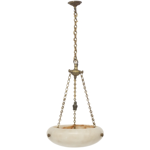 2002 - A CONTINENTAL ALABASTER PLAFFONIER with foliate decorated brass hanging fixtures, 36cm diameter... 