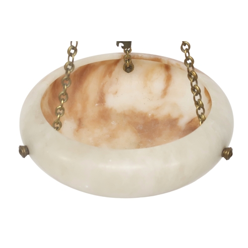 2002 - A CONTINENTAL ALABASTER PLAFFONIER with foliate decorated brass hanging fixtures, 36cm diameter... 