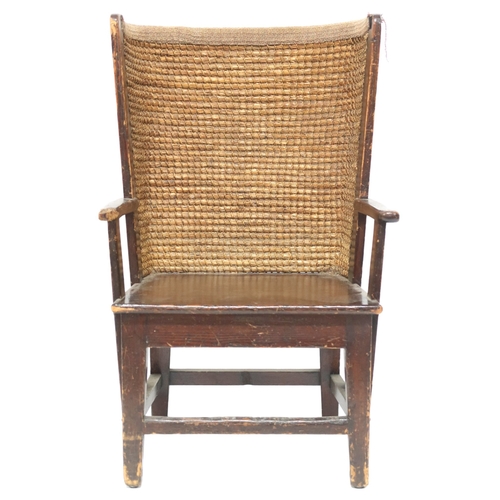 2005 - AN EARLY 20TH CENTURY STAINED PINE FRAMED CHILDREN'S ORKNEY CHAIR with curved rushed seat over flat ... 