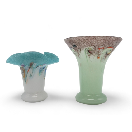 2202 - A VASART GLASS VASEthe pale green cylindrical body with mottled purple flaring rim with swirling col... 