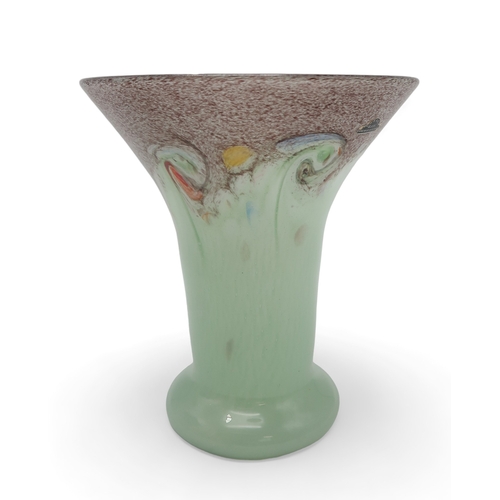 2202 - A VASART GLASS VASEthe pale green cylindrical body with mottled purple flaring rim with swirling col... 