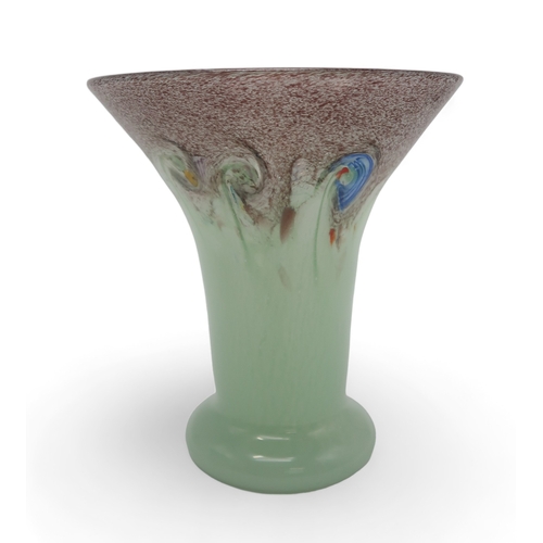 2202 - A VASART GLASS VASEthe pale green cylindrical body with mottled purple flaring rim with swirling col... 