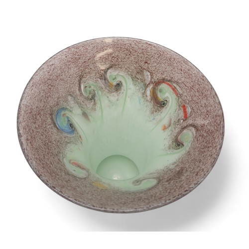 2202 - A VASART GLASS VASEthe pale green cylindrical body with mottled purple flaring rim with swirling col... 