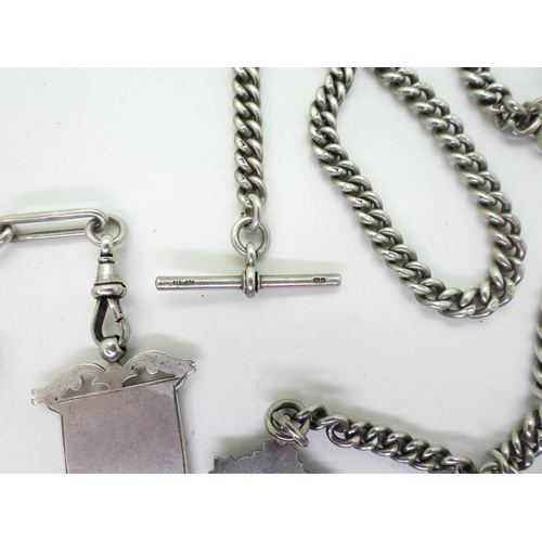 876 - Three silver 'T bar' fob chains, two with medallions attached