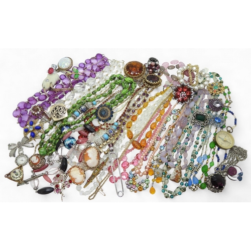 885 - Collection of vintage costume jewellery, including various beaded necklaces, a grouse foot brooch, g... 