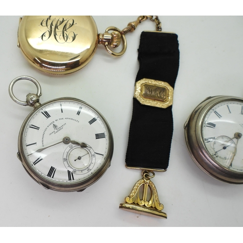 891 - Two Silver pocket watches, one marked Chester possibly 1896, for Alfred Henry Read, another silver e... 