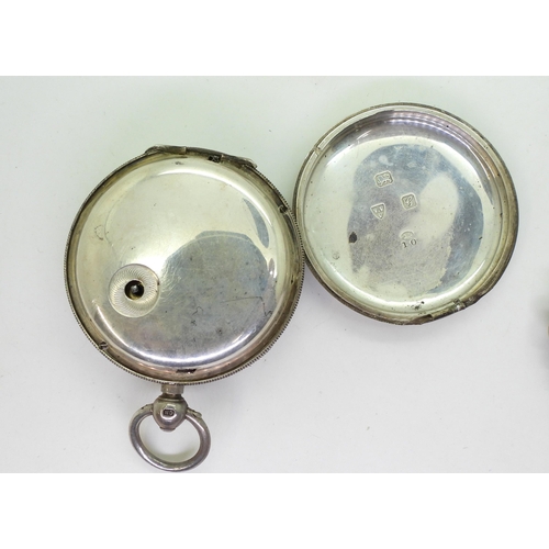 891 - Two Silver pocket watches, one marked Chester possibly 1896, for Alfred Henry Read, another silver e... 