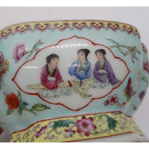 232A - A Canton bowl decorated with geishas, flowers and butterflies, together with a lacquered bowl and li... 