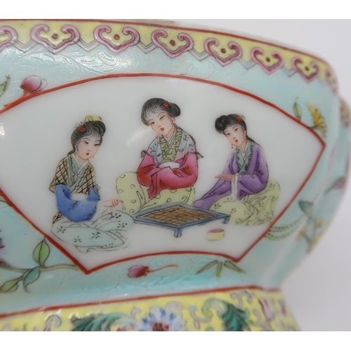 232A - A Canton bowl decorated with geishas, flowers and butterflies, together with a lacquered bowl and li... 