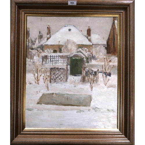 904 - WILLIAM C G THOMSON (20th CENTURY SCHOOL) SNOWY COTTAGE Oil on canvas, 53 x 44cm Label attached vers... 