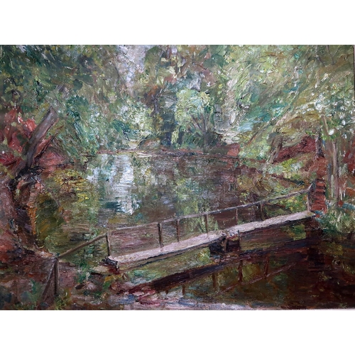 907 - WILLIAM C G THOMSON (20th CENTURY SCHOOL) THE LITTLE WOODEN BRIDGE Oil on canvas, 64 x 88c... 