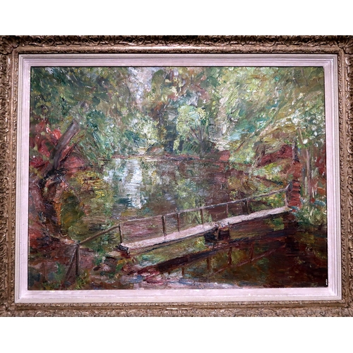 907 - WILLIAM C G THOMSON (20th CENTURY SCHOOL) THE LITTLE WOODEN BRIDGE Oil on canvas, 64 x 88c... 