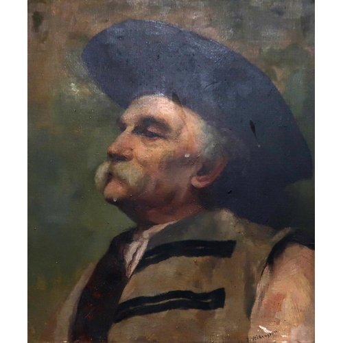 908 - * PILKINGTON (19th CENTURY)  PORTRAIT OF A MAN WITH HAT Oil on canvas, signed lower right, 34 x 30cm... 