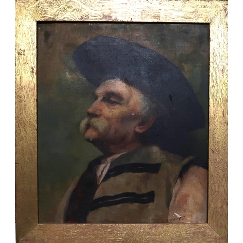 908 - * PILKINGTON (19th CENTURY)  PORTRAIT OF A MAN WITH HAT Oil on canvas, signed lower right, 34 x 30cm... 