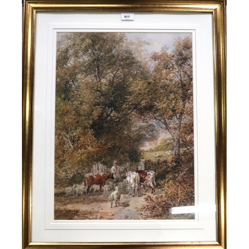 911 - HENRY JAMES HOLDING (ENGLISH 1833-1872) LIVESTOCK GRAZING Watercolour, signed lower left, ... 