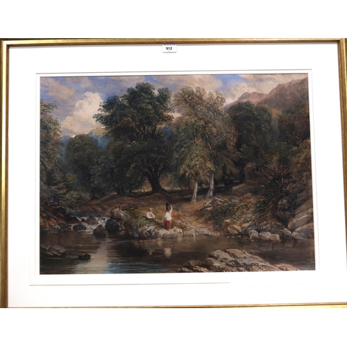 912 - 19th CENTURY SCHOOL REFRESHING AFTERNOON BY THE RIVER Watercolour, 52 x 71cm... 