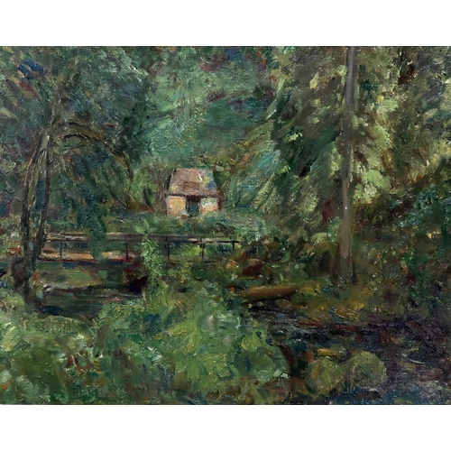 913 - WILLIAM C G THOMSON (20th CENTURY SCHOOL) LITTLE COTTAGE IN THE WOODS Oil on canvas, 49 x ... 