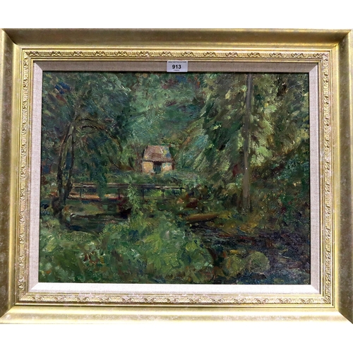 913 - WILLIAM C G THOMSON (20th CENTURY SCHOOL) LITTLE COTTAGE IN THE WOODS Oil on canvas, 49 x ... 