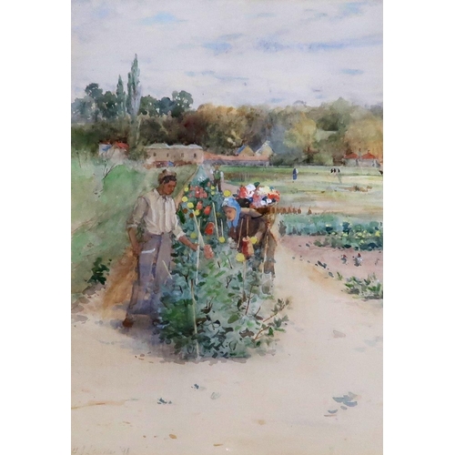 914 - CHARLES JAMES LAUDER (SCOTTISH 1841-1920) THE FLOWER GATHERERS Watercolours, signed lower ... 